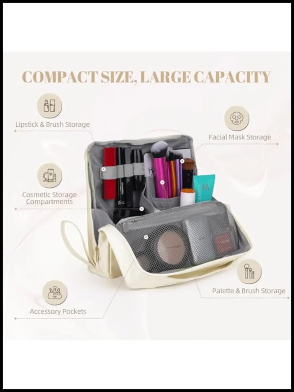 Standing Makeup Bag with Compartments, Portable Leather Cosmetic Bag for